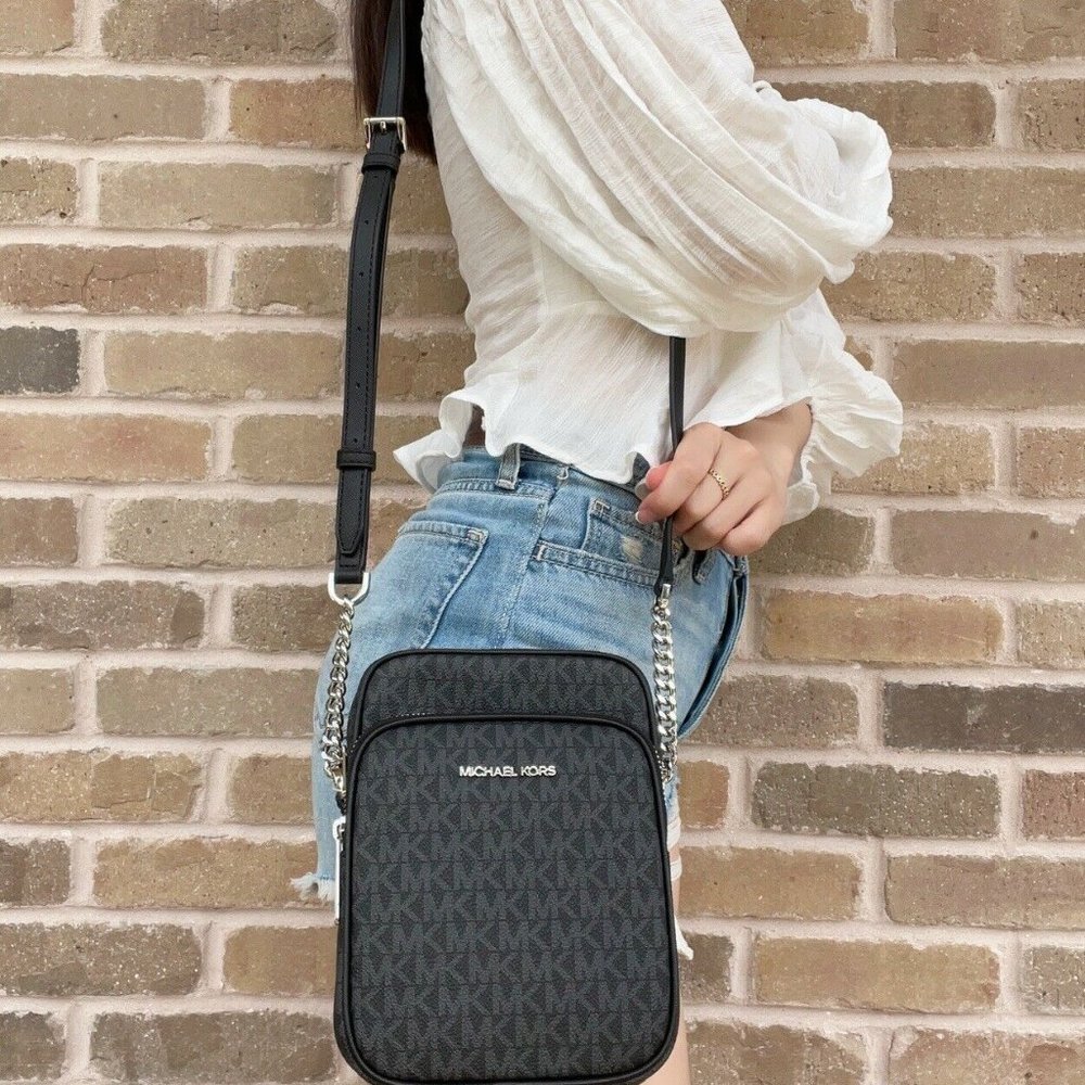 Michael Kors Flight Bag Jet Set Chain North South Crossbody Black MK Signature - Picture 6 of 6